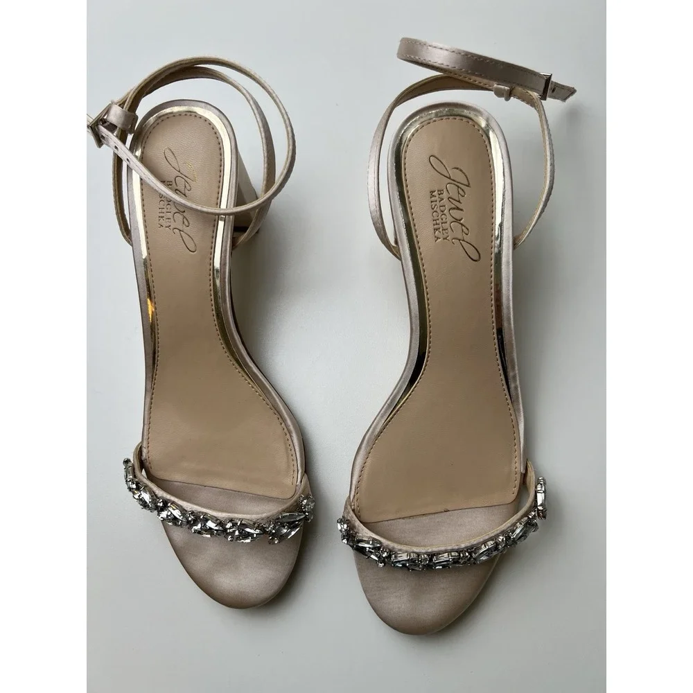 Jewel Badgley Mischka Women's Champagne Rhinestone Ankle Strap Sandals Size 6.5